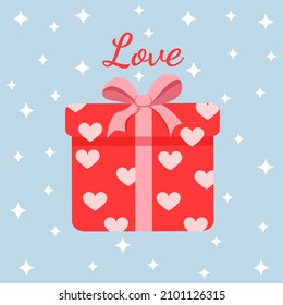 Red gift box surprise with hearts. Present vector illustration for postcard, textile, decor, poster, banner. Greeting card for Valentine's Day and other holidays. The text can be replaced.