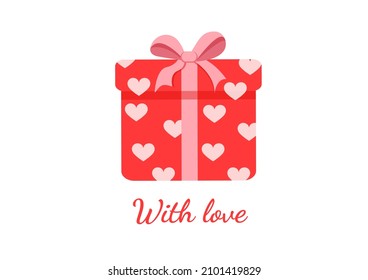 Red gift box surprise with hearts. Present vector illustration for postcard, textile, decor, poster, banner. Greeting card for Valentine's Day and other holidays. The text can be replaced.