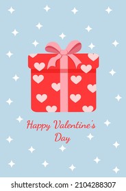 Sorpresa de la caja de regalo roja con corazones. Ilustración vectorial presente para postal, textil, decoración, afiche, banner. Tarjeta de saludo para el Día de San Valentín y otros feriados. El texto se puede reemplazar.