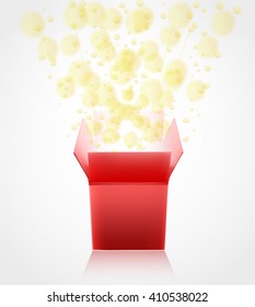 red gift box with surprise opening with glowing glitter. vector