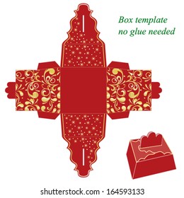 Red gift box template with floral pattern, no glue needed. Vector illustration.