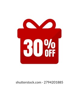 Red gift box with thirty percent off text, vector illustration