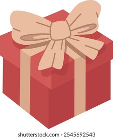 red gift box tied with beige ribbon. holiday present box. happy birthday, Christmas, New Year, wedding or Valentine day package concept. vector flat illustration isolated. 