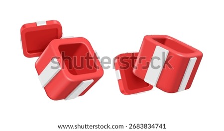 Red gift box tied with a bow and white ribbon is opened revealing the empty contents inside. The box is placed on a white background in two-angle view, vector 3d illustration isolated for design