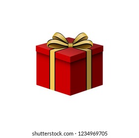 Red gift box tied with golden ribbon, White background