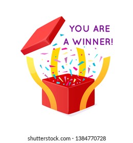 Red gift box with tinsel and confetti. Opened surprise with ribbons. Party explosions. Voucher or banner design.  Vector illustration, cartoon 3d style.