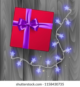 Red gift box, top view, gift box on wooden background with purple bow, vector illustration, vector illustration