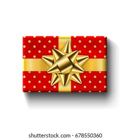 Red gift box top view, gold ribbon bow. Isolated white background. Decoration present red gift box for holiday, Valentine celebration, birthday surprise. Package giftbox design Vector illustration