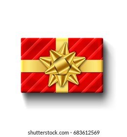 Red gift box top view, isolated white background. Gold ribbon on red giftbox. Present design golden bow for Christmas celebration, New Year holiday, gift box birthday decoration. Vector illustration