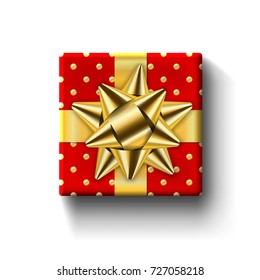 Red gift box top view, isolated white background. Gold ribbon on red square giftbox. Present design bow for Christmas celebration, New Year holiday, gift box birthday decoration Vector illustration