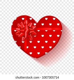 Red gift box for Valentines Day. Heart box with red pattern and bow . Isolated on a transparent background. Graphic element for your design. Vector illustration