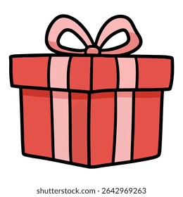 A red gift box with vertical stripes and a pink bow on top. A cheerful cartoon illustration. Ideal for birthdays, holidays, anniversaries, promotions, and celebration-themed designs.