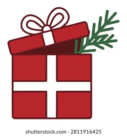 A red gift box with a white cross and ribbon, adorned with a green pine branch on a white background.