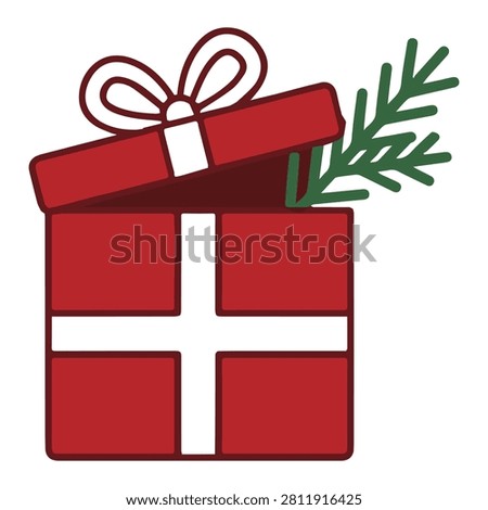 A red gift box with a white cross and ribbon, adorned with a green pine branch on a white background.
