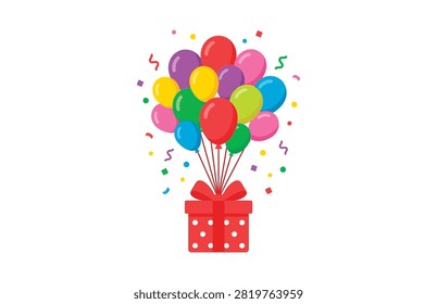 A red gift box with white polka dots opens, releasing a bunch of multicolored balloons surrounded by confetti.