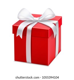 Red gift box with white ribbon and bow. Vector 3d illustration