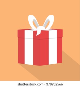 Red Gift Box with white Ribbon Isolated at orange background. Vector illustration
