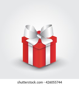 Red gift box with white ribbon. Vector illustration