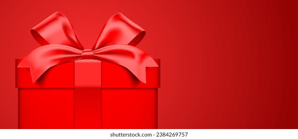 Red gift box wrapped with satin ribbon on a red background. Giftbox closeup banner vector design.