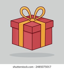 Caja de regalo roja con arco amarillo, cinta en la parte superior, aislado sobre fondo blanco