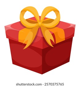 Red gift box with yellow bow. Vector illustration of cartoon flat cute color present isolated on white background. Christmas or birthday present, anniversary or Valentine`s day gift box.