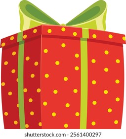 Red gift box with yellow polka dots and green ribbon is a perfect present for Christmas, birthday, anniversary or any other special occasion