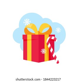 Red Gift box with yellow ribbon and bow and Candy cane. New year and Christmas gift and snowflakes