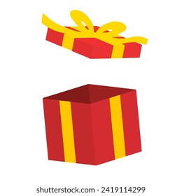 	
red gift box with yellow ribbon bow illustration isolated on white and transparent background. present suprise sale vector. open lid 3d red gift box