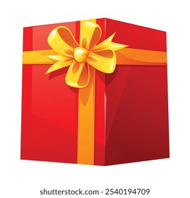 Red gift box with yellow ribbon and bow, ideal for holiday presents. Vector cartoon illustration