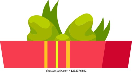 Red gift box with yellow ribbons and green bowknot