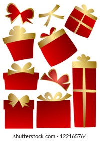 red gift boxes with gold bows