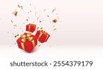 Red gift boxes with gold confetti, element with empty space for text	