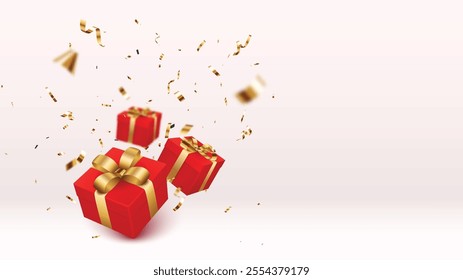 Red gift boxes with gold confetti, element with empty space for text	