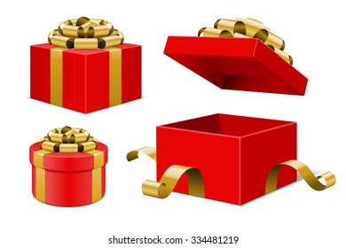 Red gift boxes and with golden bow and ribbon vector design elements set isolated on white background. 