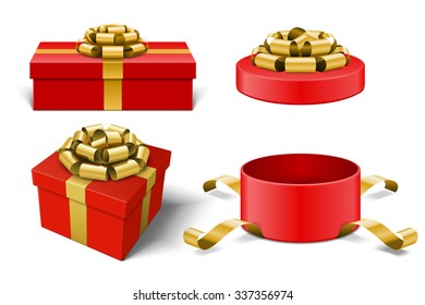 Red Gift Boxes and with golden bow and ribbon vector design elements set isolated on white background. 