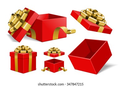 Red Gift Boxes and with golden bow ribbon vector design elements set isolated on white background. 