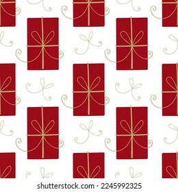 Red gift boxes with golden ribbons. Seamless gift cute pattern. 
