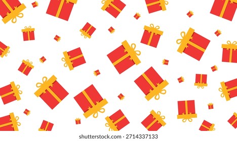 Red gift boxes with golden ribbons forming playful festive pattern