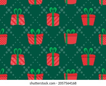 Red gift boxes with green ribbon seamless pattern. Various gift boxes in flat style. Festive design for postcards, wrapping paper, banners and promotional materials. Vector illustration