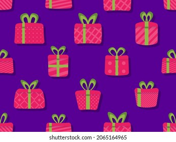 Cajas de regalo rojas con cinta verde sin costura. Diseño festivo para tarjetas de felicitación, papel envolvente, banners y materiales promocionales. Ilustración del vector