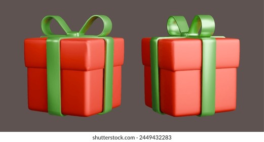 Red gift boxes with green ribbons, realistic 3d boxes with bows. Surprise Christmas gifts isolated on dark background. Vector illustration.