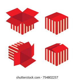 Red gift boxes icons collection with stripe pattern, Christmas / Birthday / Valentine's Day. Close, open, half open. Delivery, shipping, warehouse, isolated on white