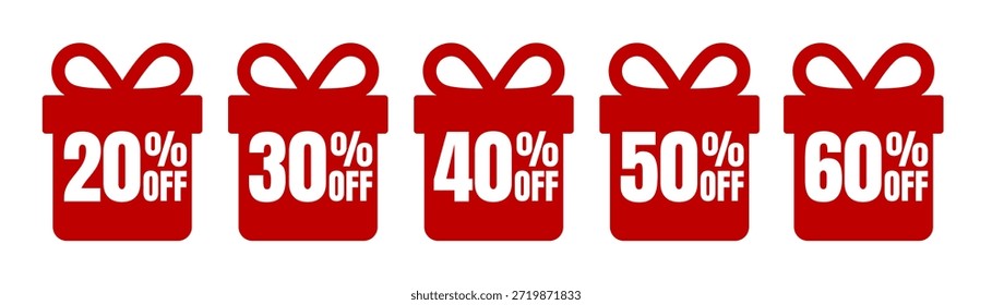 Cajas de regalo rojas con porcentajes de descuento de 20 a 60 por ciento de descuento, ícono de Vector