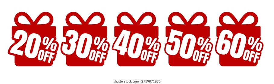 Cajas de regalo rojas con porcentajes de descuento de 20 a 60 por ciento de descuento, ícono de Vector
