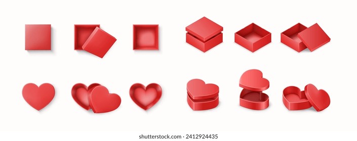 Red gift boxes realistic vector illustration set. Colorful present containers of square and heart shapes 3d elements on white background