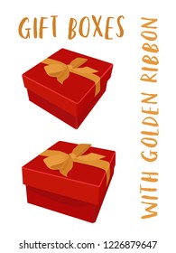 Red gift boxes with ribbon and bows in different angles. Vector template