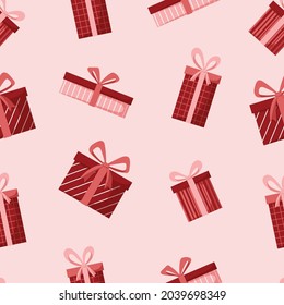 red gift boxes seamless pattern with ribbons and bows on pink background