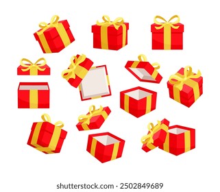 Red gift boxes with yellow ribbons are opening and closing against a white background