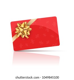 Red Gift card with gold bow and ribbon. Coupon gift card celebration design. Holiday vector card.