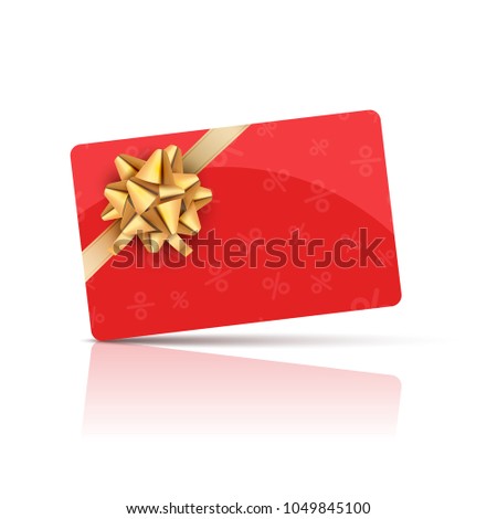 Red Gift card with gold bow and ribbon. Coupon gift card celebration design. Holiday vector card.